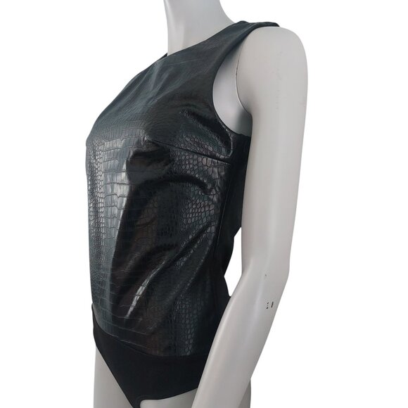 Black Faux Leather Bodysuit M Tank Top Croc Embossed Basic Layer Edgy EXPRESS - Picture 12 of 14